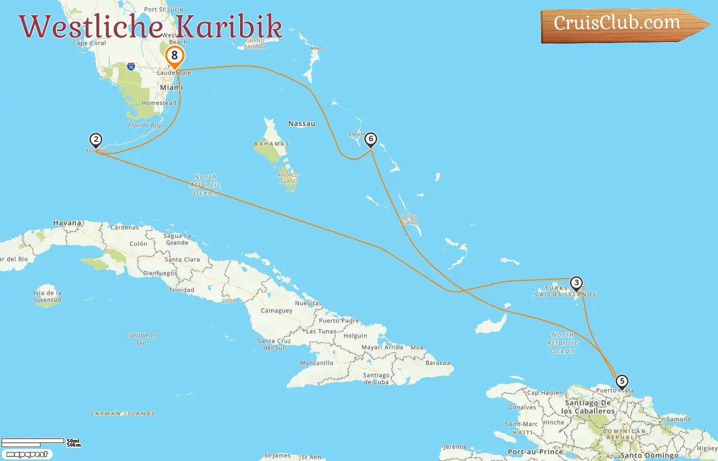 Kreuzfahrt in der westlichen Karibik ab Fort Lauderdale an Bord des Schiffes Eurodam mit Besuchen in den USA, der Dominikanischen Republik und den Bahamas für 8 Tage