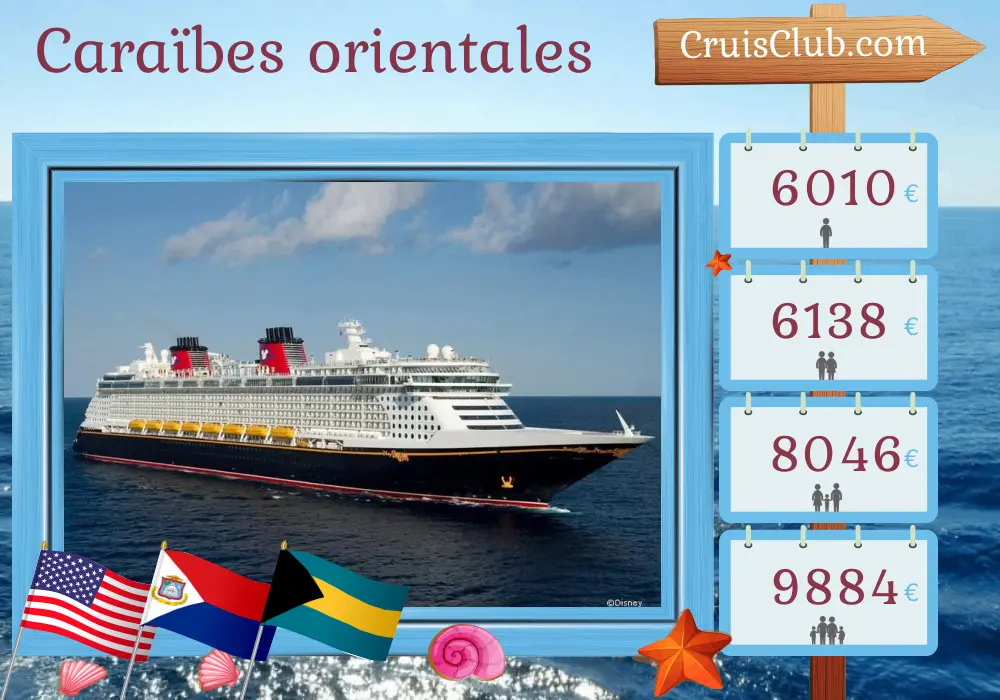 Croisière dans les Caraïbes de l`Est au départ de Port Canaveral / Orlando à bord du navire Disney Fantasy avec visites aux États-Unis, à Porto Rico et aux Bahamas pendant 8 jours