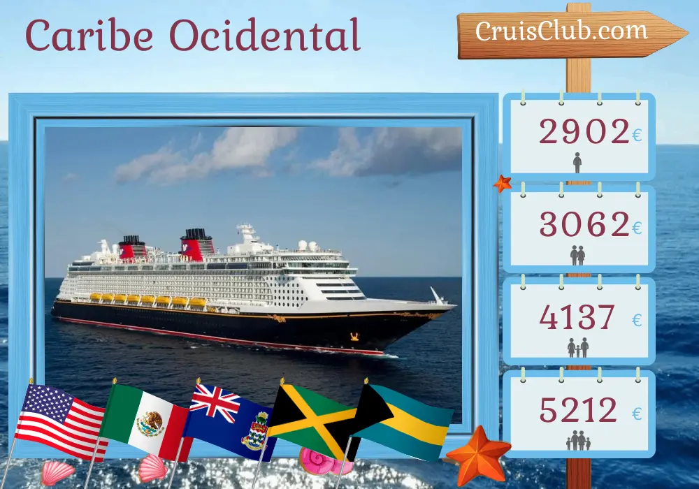 Cruzeiro no Caribe Ocidental saindo de Port Canaveral / Orlando a bordo do navio Disney Fantasy com visitas aos EUA, México, Ilhas Cayman, Jamaica e Bahamas por 8 dias