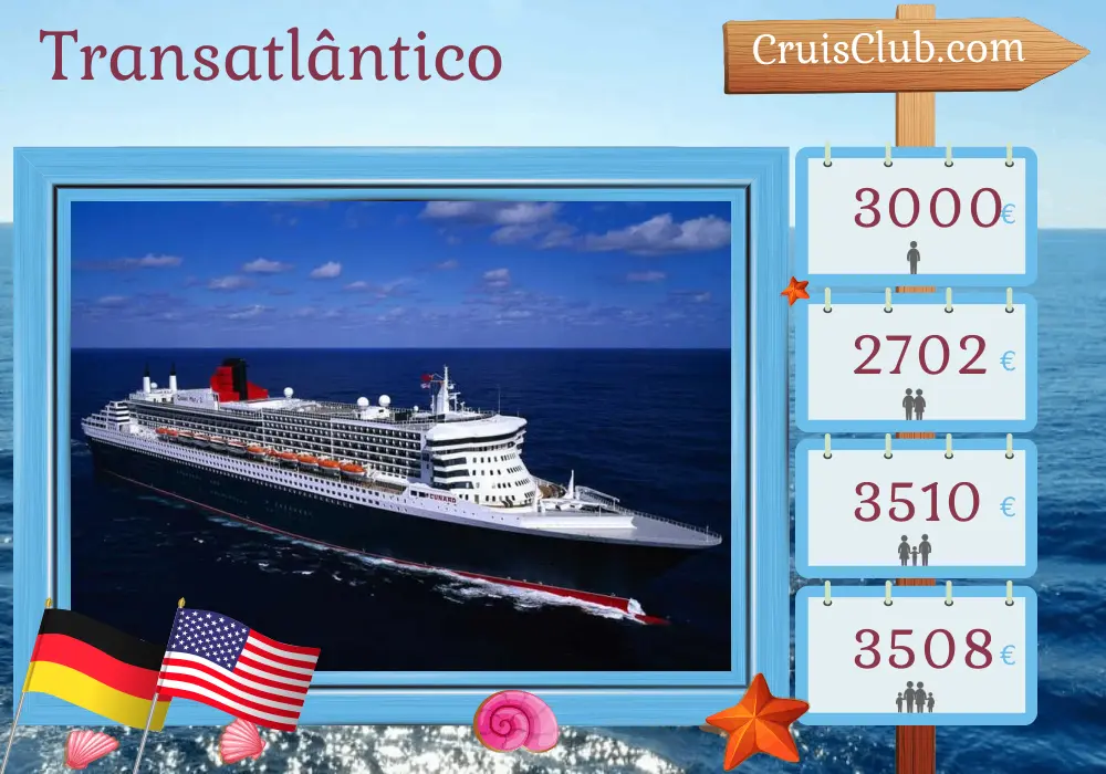 Cruzeiro Transatlântico de Hamburgo para Nova York a bordo do navio Queen Mary 2 com visitas à Alemanha e EUA por 11 dias