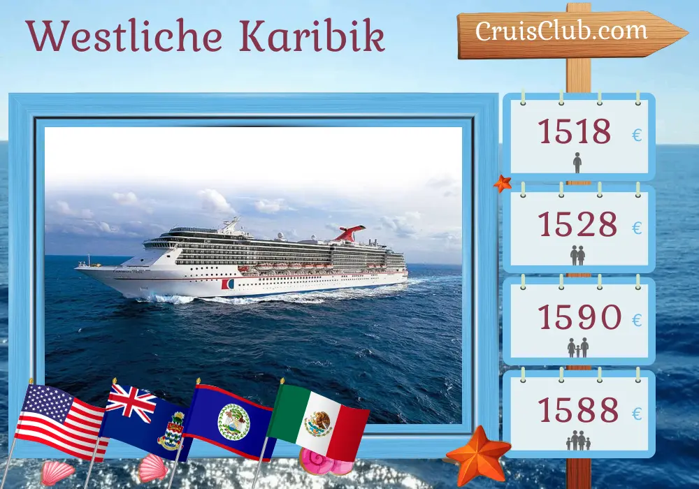 Kreuzfahrt in der westlichen Karibik ab Tampa an Bord des Schiffes Carnival Pride mit Besuchen in den USA, auf den Cayman Islands, in Honduras, Belize und Mexiko für 8 Tage