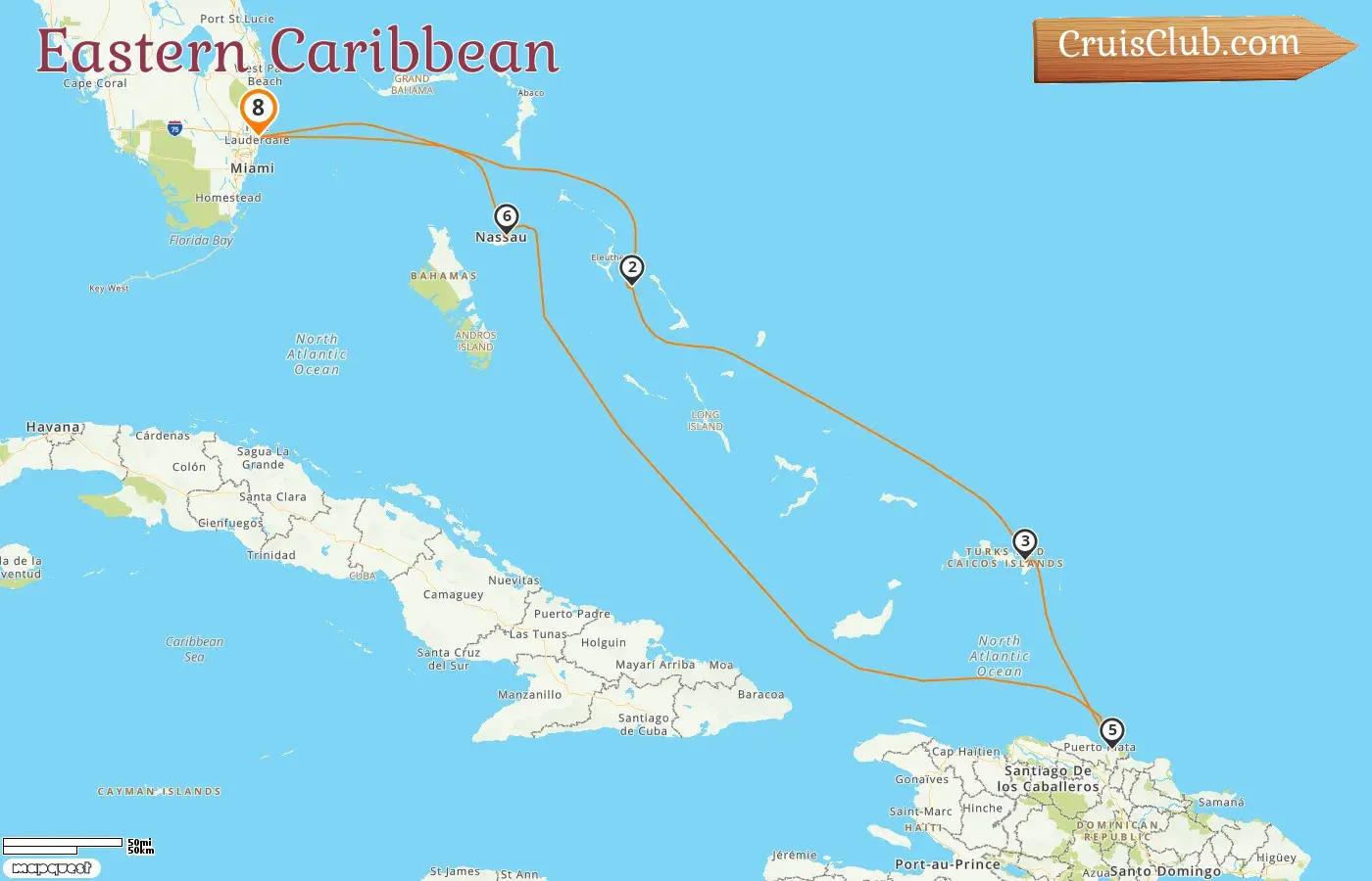 Kreuzfahrt in die östliche Karibik ab Fort Lauderdale an Bord des Schiffes Eurodam mit Stopps in den USA, den Bahamas und der Dominikanischen Republik für 8 Tage