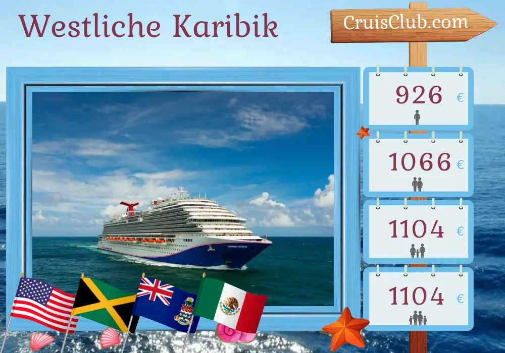 Kreuzfahrt in der westlichen Karibik ab Miami an Bord des Schiffes Carnival Horizon mit Besuchen in den USA, Jamaika, den Cayman Islands und Mexiko für 7 Tage