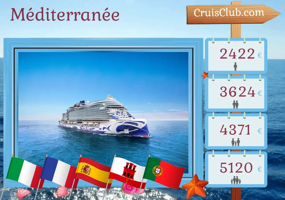 Croisière en Méditerranée de Civitavecchia à Lisbonne à bord du Norwegian Viva avec des visites en Italie, en France, en Espagne, à Gibraltar et au Portugal pendant 12 jours