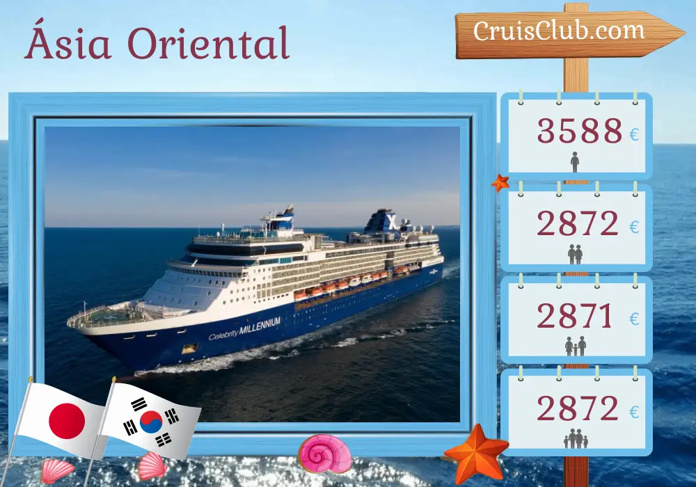 Cruzeiro no leste da Ásia a partir de Yokohama a bordo do navio Celebrity Millennium com visitas ao Japão e à Coreia do Sul por 13 dias