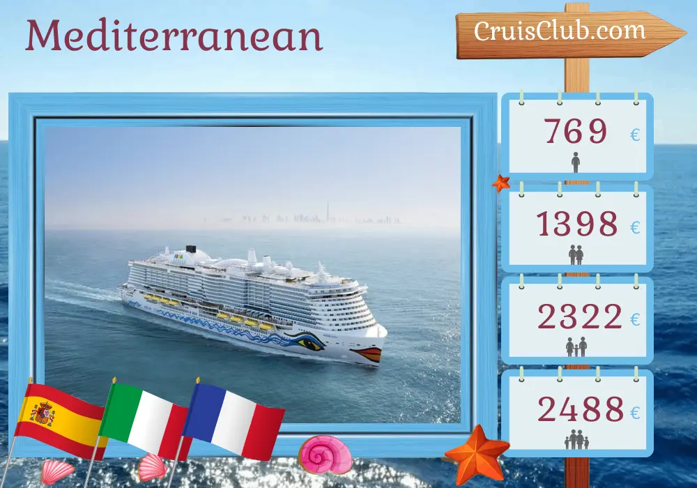 Cruise in the Mediterranean from Palma aboard AIDAcosma ship with visits to Spain, Italy, and France for 8 days