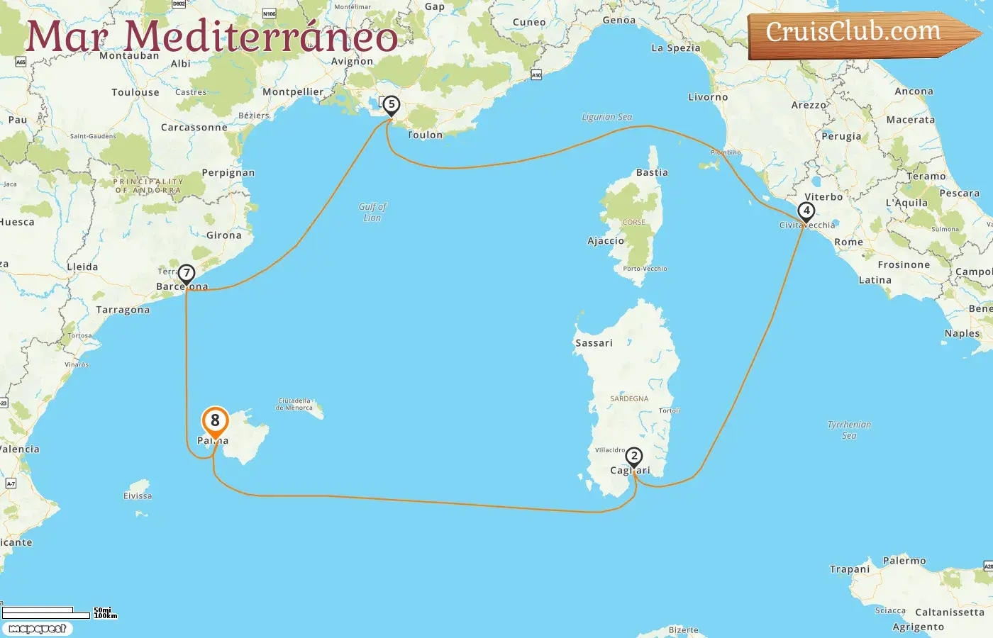 Crucero por el Mediterráneo desde Palma a bordo del barco AIDAcosma con visitas a España, Italia y Francia durante 8 días