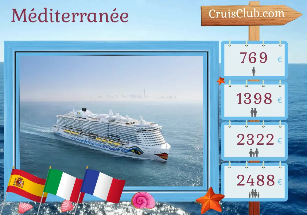 Croisière en Méditerranée au départ de Palma à bord du navire AIDAcosma avec escales en Espagne, en Italie et en France pendant 8 jours