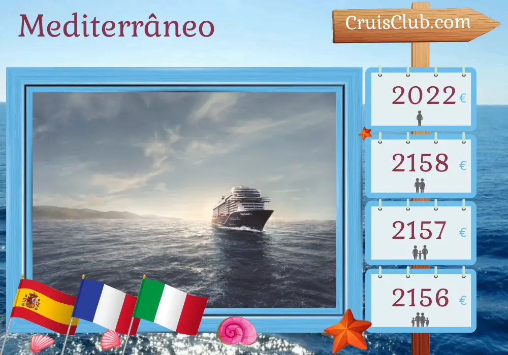 Cruzeiro no Mediterrâneo de Palma a bordo do navio Mein Schiff 2 com visitas à Espanha, França e Itália por 8 dias