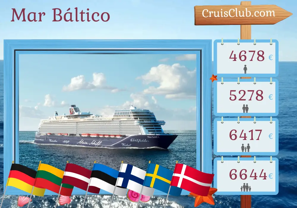 Crucero por el mar Báltico desde Kiel a bordo del barco Mein Schiff 1 con visitas a Alemania, Polonia, Lituania, Letonia, Estonia, Finlandia, Suecia y Dinamarca durante 13 días