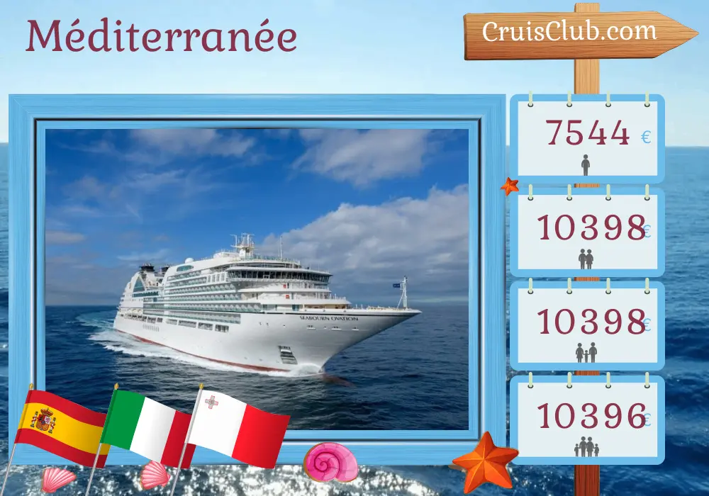 Croisière en Méditerranée de Barcelone à Civitavecchia à bord du navire Seabourn Ovation avec des visites en Espagne, en Tunisie, en Italie et à Malte pendant 11 jours