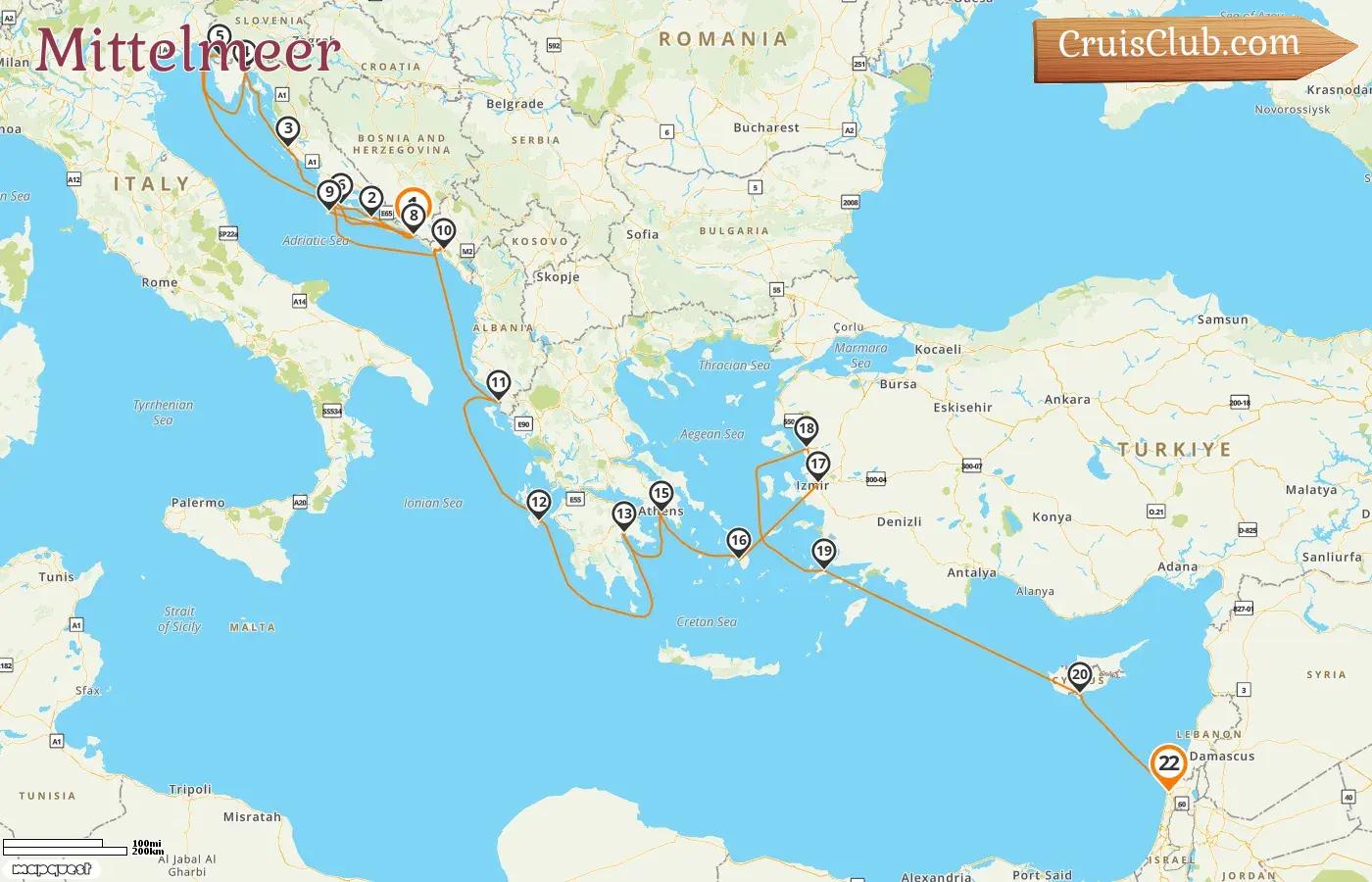 Kreuzfahrt im Mittelmeer von Dubrovnik nach Haifa an Bord des Schiffes Seabourn Encore mit Besuchen in Kroatien, Slowenien, Montenegro, Albanien, Griechenland, Türkei, Zypern und Israel für 22 Tage