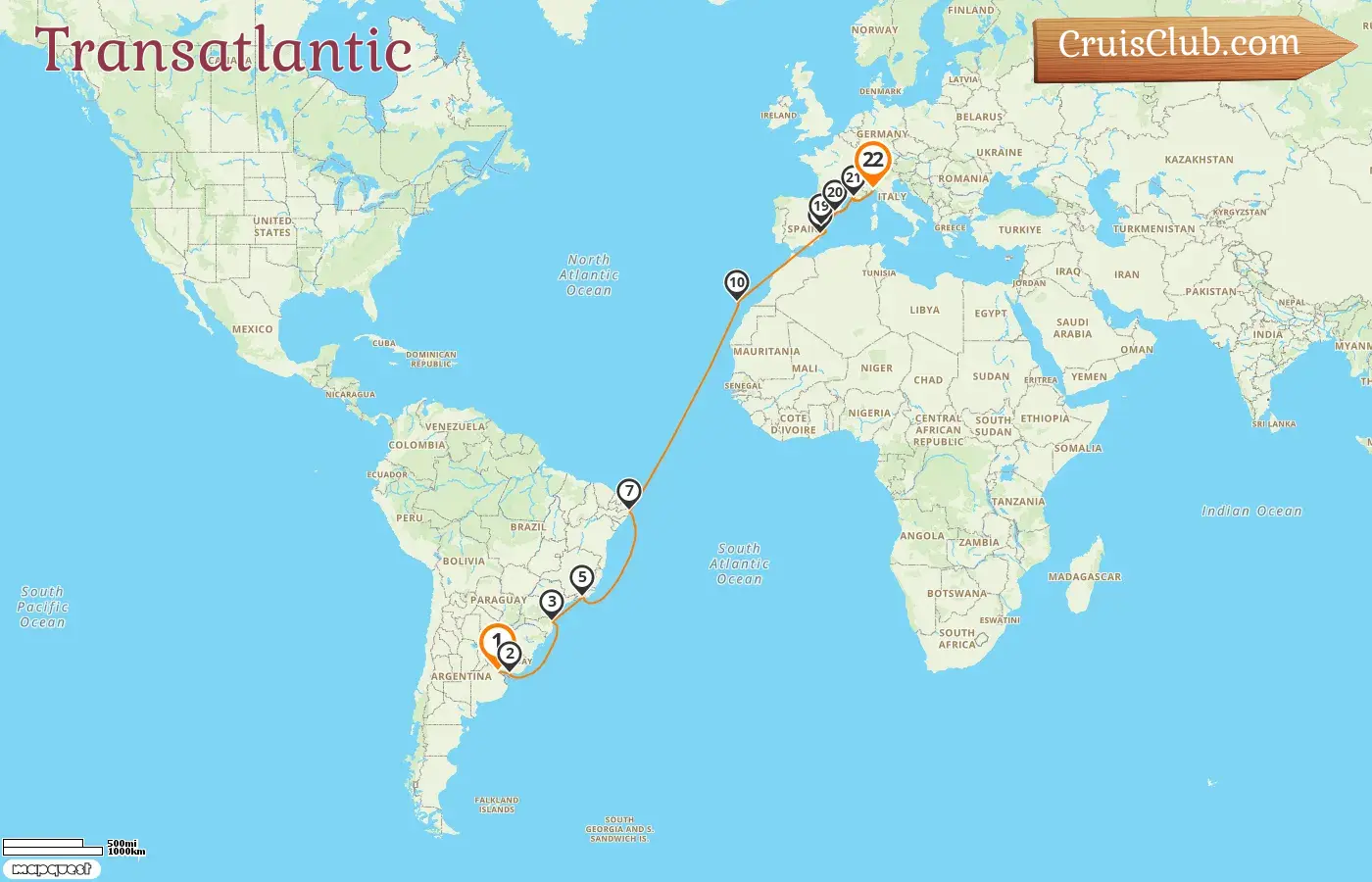 Cruise in the Transatlantic from Buenos Aires to Genoa aboard MSC Musica ship with visits to Argentina, Uruguay, Brazil, Spain, France, and Italy for 22 days