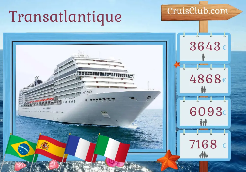 Croisière transatlantique de Buenos Aires à Gênes à bord du navire MSC Musica avec des visites en Argentine, Uruguay, Brésil, Espagne, France et Italie pendant 22 jours