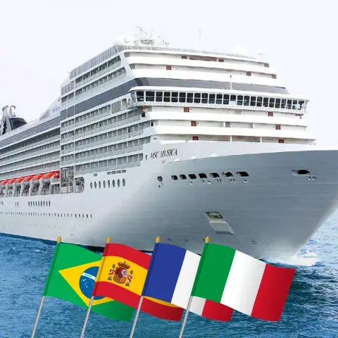 Crucero Transatlántico de Buenos Aires a Génova a bordo del barco MSC Musica con visitas a Argentina, Uruguay, Brasil, España, Francia e Italia durante 22 días