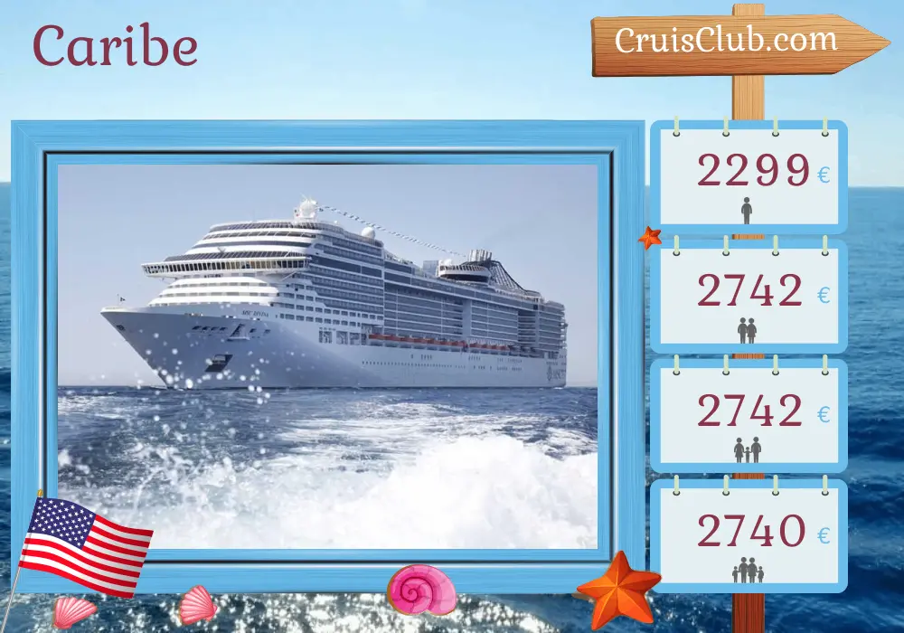 Cruzeiro no Caribe de Miami a bordo do navio MSC Divina com visitas aos EUA, Jamaica, Aruba, Colômbia, Panamá, Costa Rica e Bahamas por 15 dias