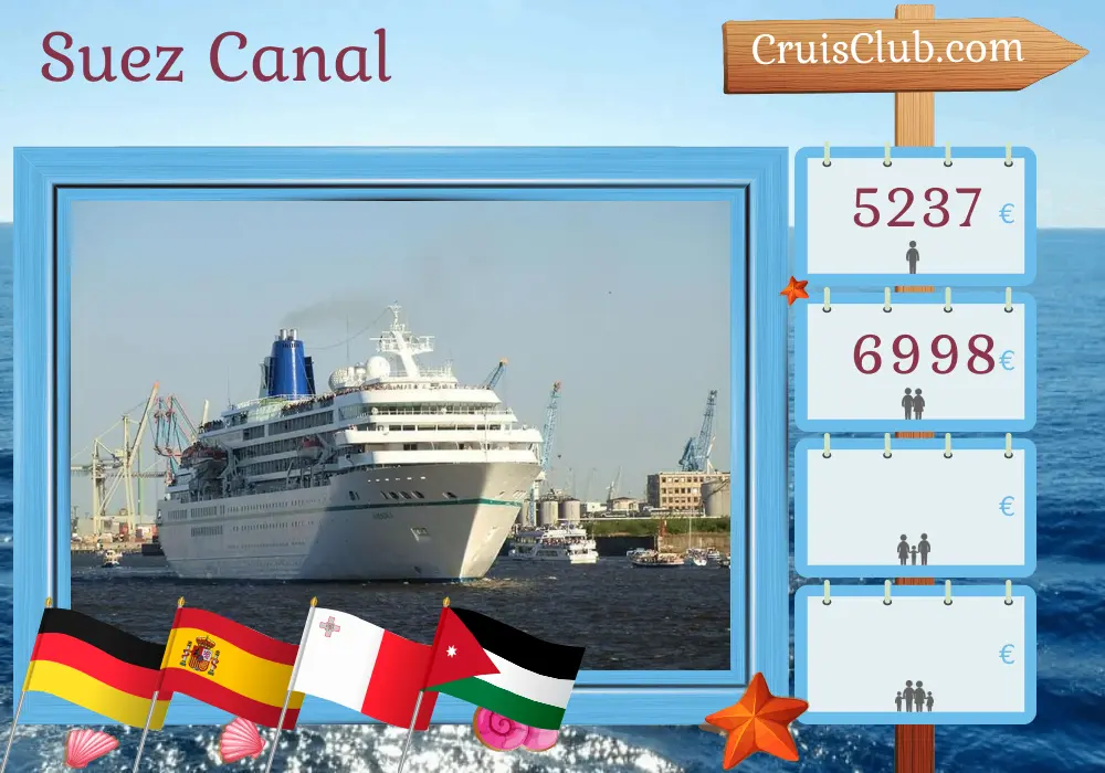 Cruise in the Suez Canal from Bremerhaven to Hurghada aboard Amadea ship with visits to Germany, Spain, Morocco, Tunisia, Malta, Egypt, Israel, and Jordan for 20 days