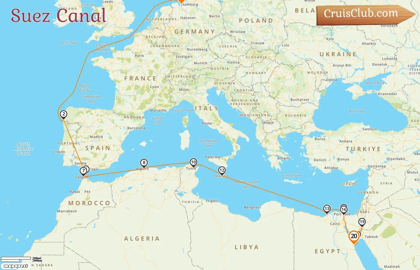 Cruise in the Suez Canal from Bremerhaven to Hurghada aboard Amadea ship with visits to Germany, Spain, Morocco, Tunisia, Malta, Egypt, Israel, and Jordan for 20 days