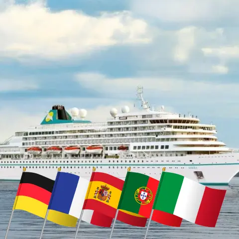 Cruzeiro no Mediterrâneo de Bremerhaven até Savona a bordo do navio Amera com visitas à Alemanha, França, Espanha, Portugal, Gibraltar e Itália por 18 dias