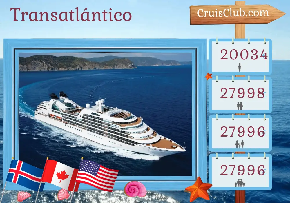 Crucero en el Atlántico desde Greenwich a Nueva York a bordo del barco Seabourn Quest con visitas a Islandia, Groenlandia, Canadá y Estados Unidos durante 25 días