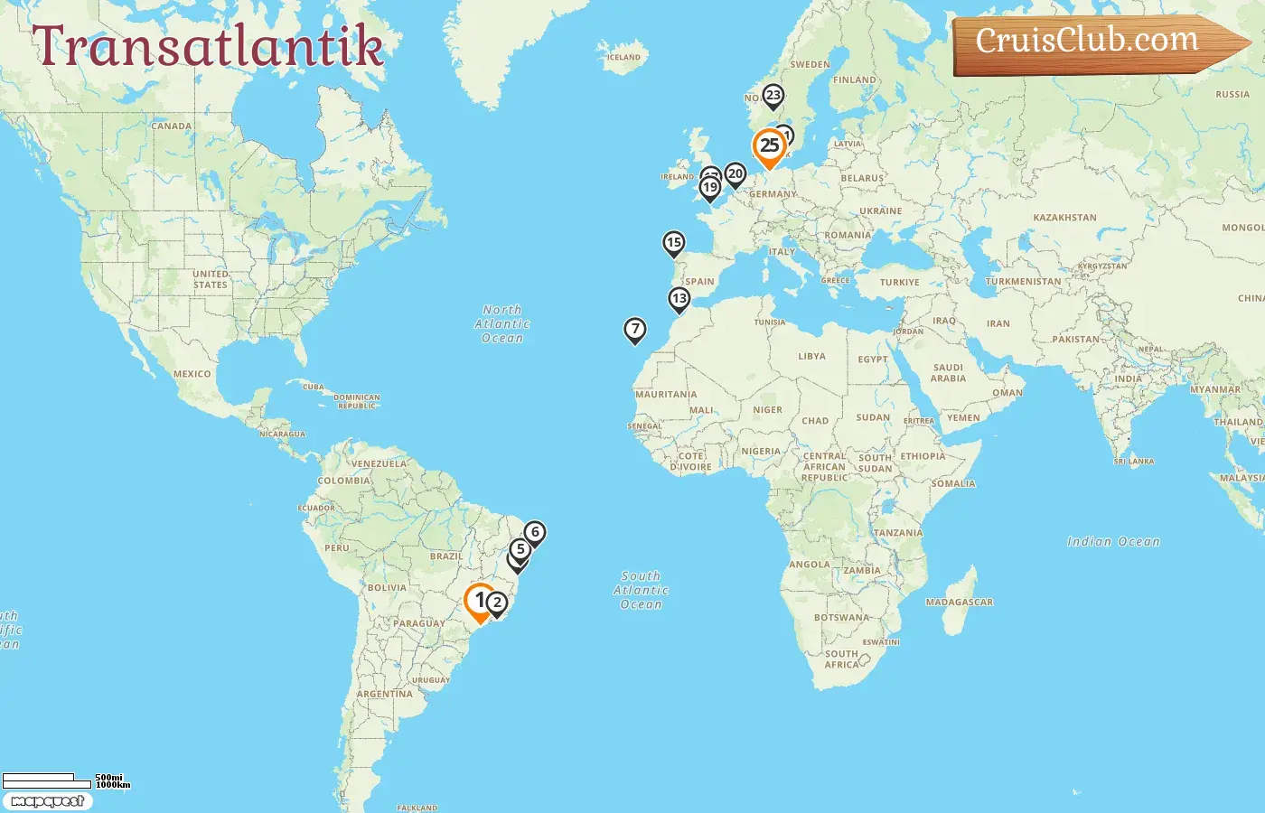 Kreuzfahrt im Transatlantik von Santos nach Hamburg an Bord des MSC Preziosa-Schiffs mit Besuchen in Brasilien, Spanien, Marokko, Frankreich, Belgien, Dänemark, Norwegen und Deutschland für 25 Tage