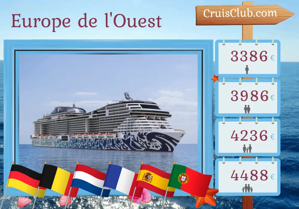 Croisière en Europe de l`Ouest au départ de Southampton à bord du navire MSC Euribia avec des visites en Allemagne, Belgique, Pays-Bas, France, Espagne, Maroc et Portugal pendant 22 jours