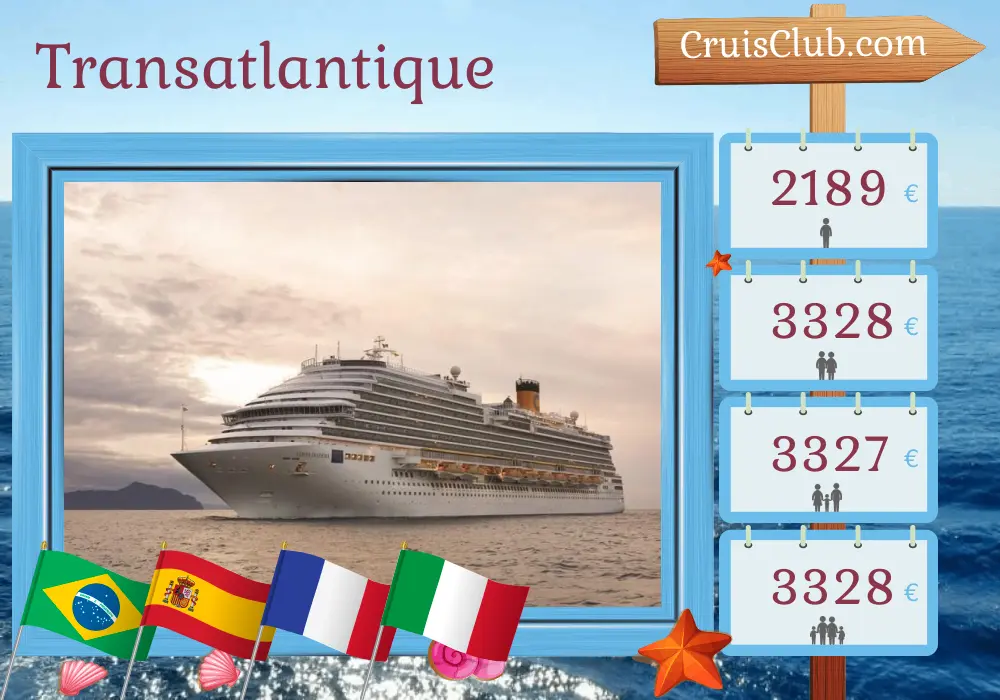 Croisière Transatlantique de Rio de Janeiro à Savone à bord du navire Costa Diadema avec des visites au Brésil, en Espagne, en France et en Italie pendant 19 jours