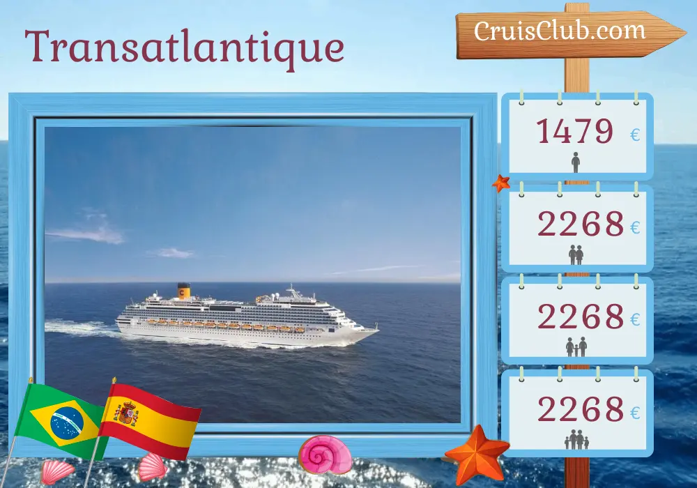 Croisière transatlantique de Rio de Janeiro à Barcelone à bord du navire Costa Fascinosa avec des visites au Brésil et en Espagne pendant 14 jours