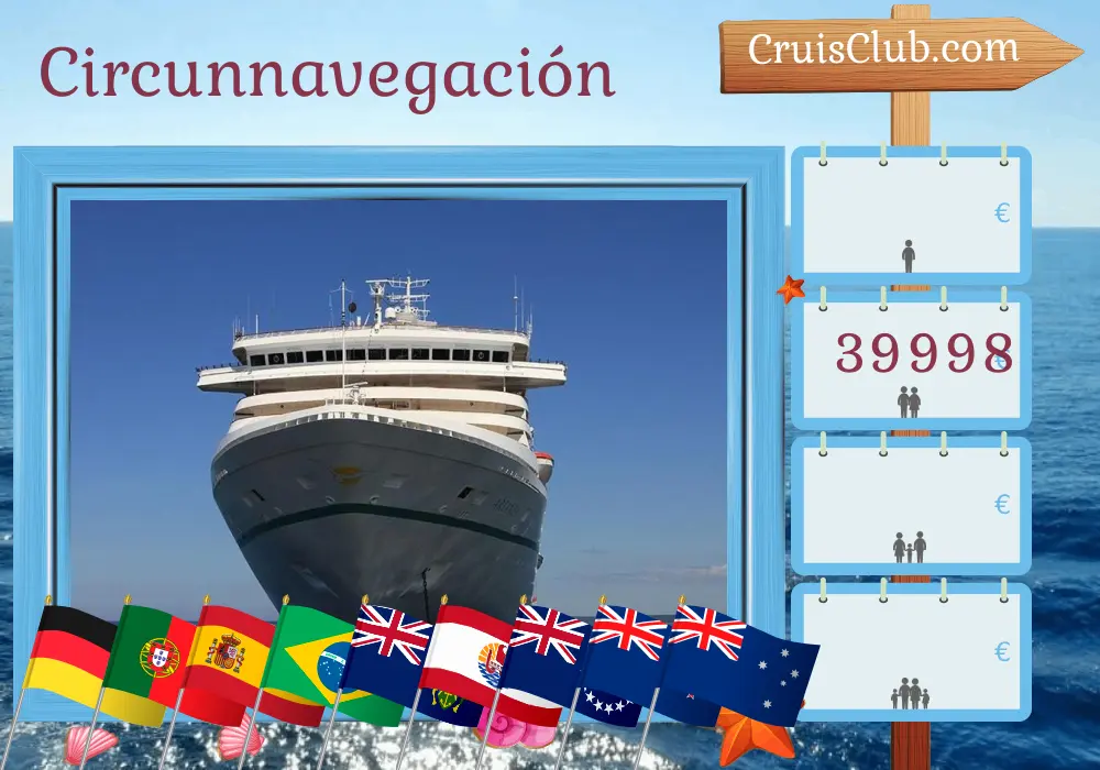 Crucero por el mundo desde Hamburgo a Sídney a bordo del barco Artania con visitas a Alemania, Portugal, España, Brasil, Uruguay, Argentina, Chile, Pitcairn, Polinesia Francesa, Islas Cook, Nueva Zelanda y Australia durante 92 días