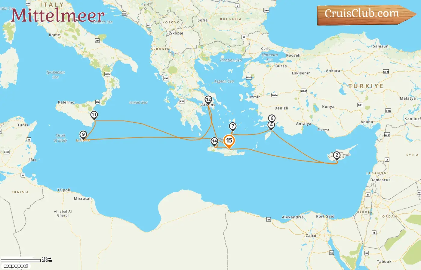 Kreuzfahrt im Mittelmeer ab Heraklion an Bord des Schiffes Mein Schiff 5 mit Besuchen in Griechenland, Zypern, der Türkei, Malta und Italien für 15 Tage