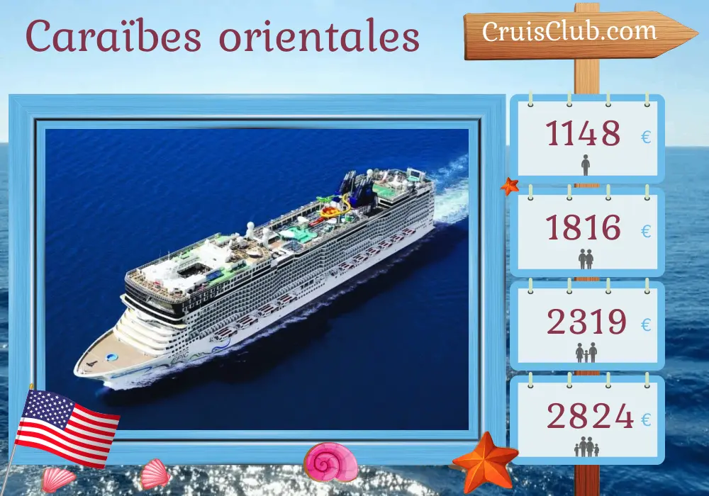 Croisière dans les Caraïbes orientales depuis Port Canaveral / Orlando à bord du navire Norwegian Epic avec des visites aux États-Unis, aux Bahamas, à Porto Rico et en République dominicaine pendant 8 jours