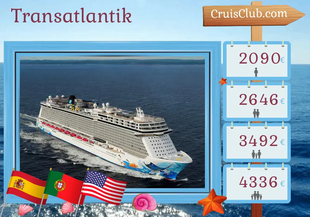 Transatlantik-Kreuzfahrt von Barcelona nach Miami an Bord des Schiffes Norwegian Escape mit Besuchen in Spanien, Portugal, Puerto Rico, den Bahamas und den USA für 15 Tage