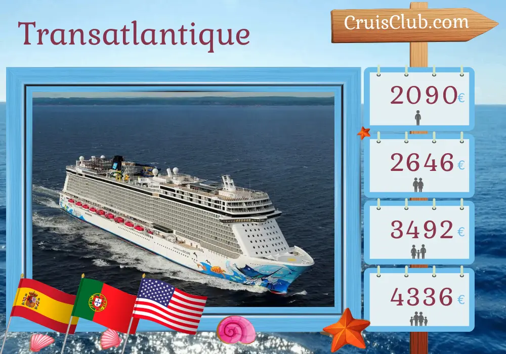 Croisière transatlantique de Barcelone à Miami à bord du navire Norwegian Escape avec visites en Espagne, au Portugal, à Porto Rico, aux Bahamas et aux États-Unis pendant 15 jours