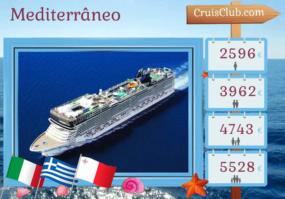 Cruzeiro no Mediterrâneo a partir de Civitavecchia a bordo do navio Norwegian Epic com visitas à Itália, Grécia e Malta por 11 dias