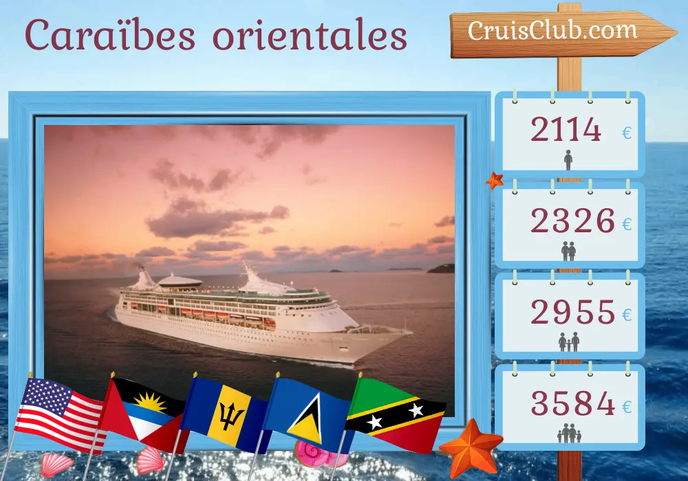 Croisière dans les Caraïbes de l`Est depuis Miami à bord du navire Grandeur of the Seas avec des visites aux États-Unis, en République dominicaine, à Porto Rico, à la Barbade, à Sainte-Lucie et à Saint-Christophe-et-Niévès pendant 11 jours