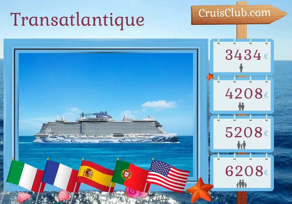 Croisière transatlantique de Civitavecchia à New York à bord du navire Norwegian Prima avec des visites en Italie, en France, en Espagne, au Portugal et aux États-Unis pendant 17 jours