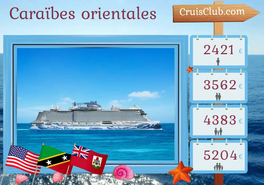 Croisière dans les Caraïbes de l`Est au départ de New York à bord du navire Norwegian Prima avec escales aux États-Unis, en République Dominicaine, à Porto Rico, à Saint-Christophe-et-Niévès, dans les Îles Vierges britanniques et aux Bermudes pendant 12 jours