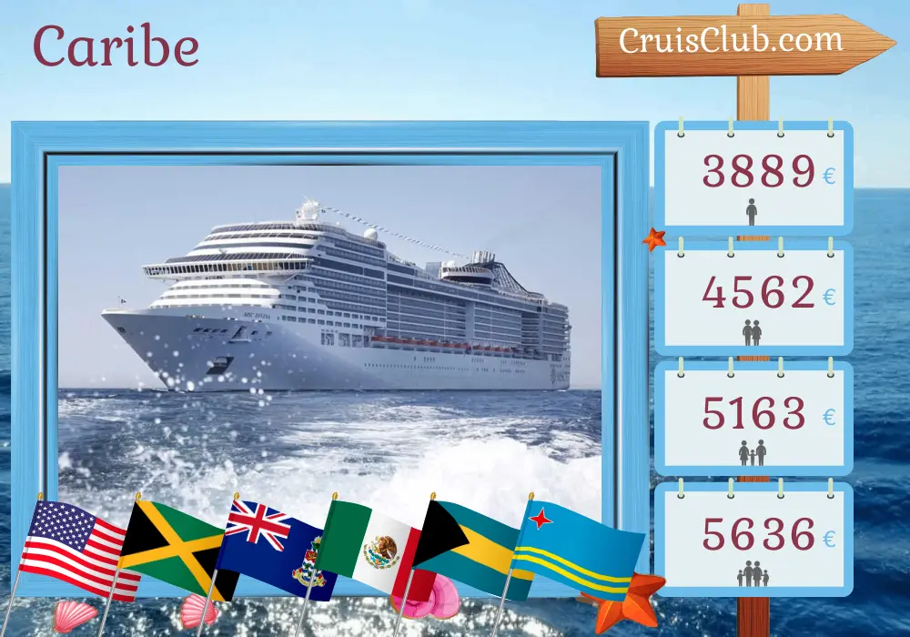 Crucero por el Caribe desde Miami a bordo del barco MSC Divina con visitas a Estados Unidos, Jamaica, Islas Caimán, México, Bahamas, Aruba, Colombia, Panamá, Costa Rica y Honduras durante 19 días
