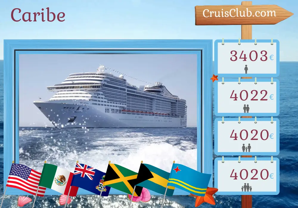 Crucero por el Caribe desde Miami a bordo del barco MSC Divina con visitas a Estados Unidos, México, Islas Caimán, Jamaica, Bahamas, Aruba, Colombia, Panamá y Costa Rica durante 19 días