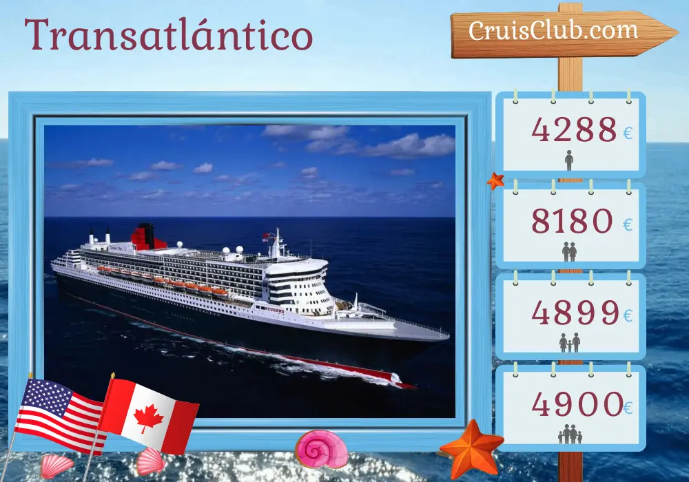 Crucero Transatlántico desde Southampton a bordo del barco Queen Mary 2 con visitas a Estados Unidos y Canadá durante 22 días