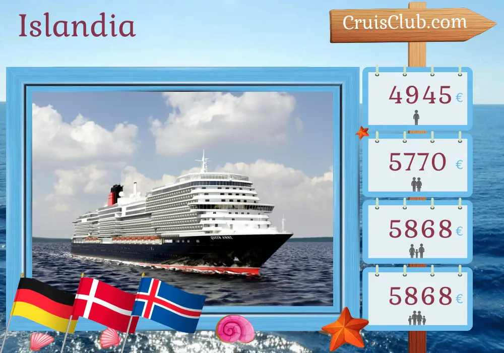 Crucero en Islandia desde Kiel a Southampton a bordo del barco Queen Anne con visitas a Alemania, Dinamarca e Islandia durante 18 días