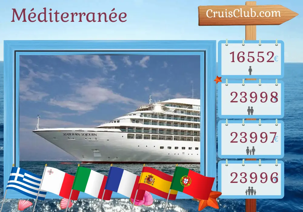 Croisière en Méditerranée de Pirée à Lisbonne à bord du navire Seabourn Sojourn avec des visites en Grèce, à Malte, en Italie, en France, en Espagne, au Maroc et au Portugal pendant 25 jours