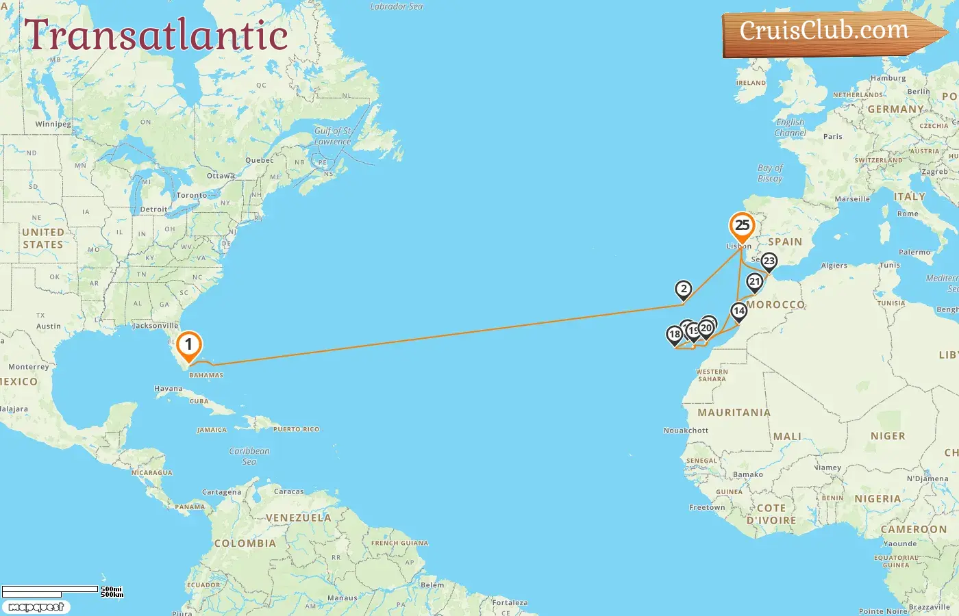 Cruise in the Transatlantic from Miami to Lisbon aboard Seabourn Ovation ship with visits to USA, Portugal, Morocco, and Spain for 25 days