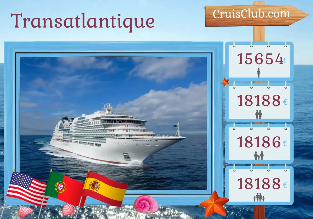 Croisière transatlantique de Miami à Lisbonne à bord du navire Seabourn Ovation avec des visites aux États-Unis, au Portugal, au Maroc et en Espagne pendant 25 jours