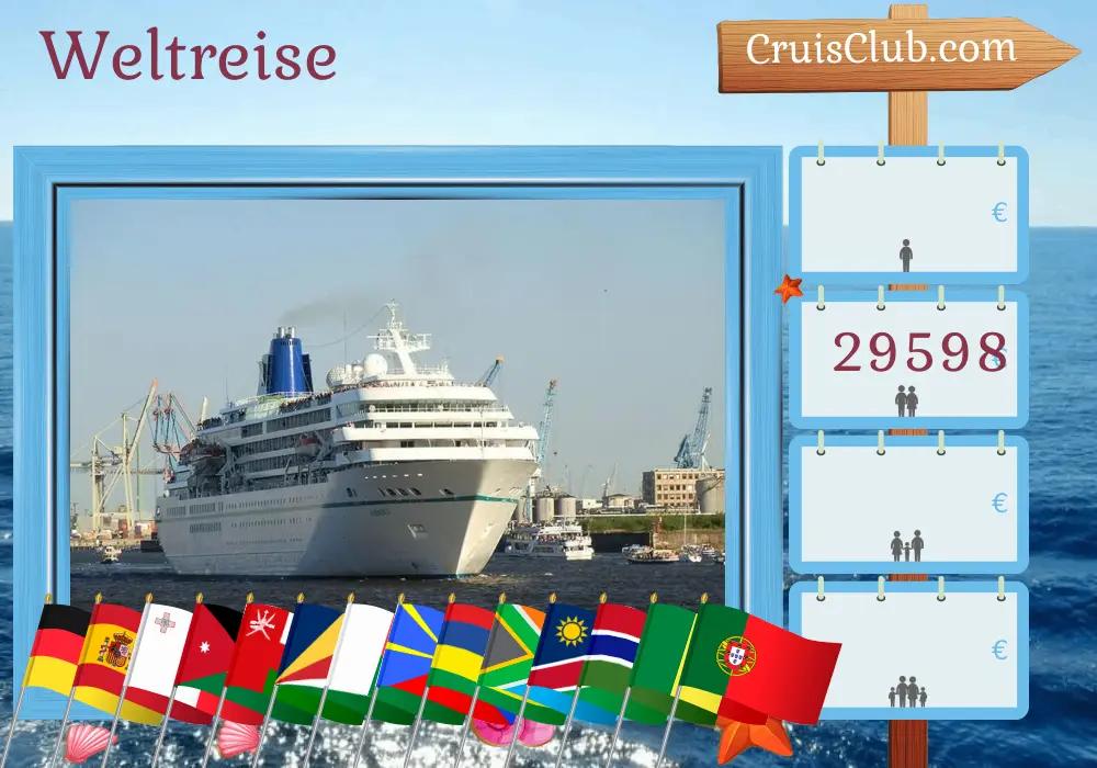 Kreuzfahrt in der Welttour von Bremerhaven nach Hamburg an Bord des Schiffes Amadea mit Besuchen in Deutschland, Spanien, Marokko, Tunesien, Malta, Ägypten, Israel, Jordanien, Saudi-Arabien, Oman, Seychellen, Madagaskar, Réunion, Mauritius, Südafrika, Namibia, Gambia, Senegal und Portugal für 81 Tage