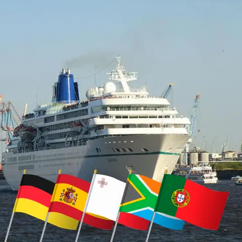 Cruzeiro no tour mundial de Bremerhaven a Hamburgo a bordo do navio Amadea com visitas à Alemanha, Espanha, Marrocos, Tunísia, Malta, Egito, Israel, Jordânia, Arábia Saudita, Omã, Seychelles, Madagascar, Reunião, Maurício, África do Sul, Namíbia, Gâmbia, Senegal e Portugal por 81 dias