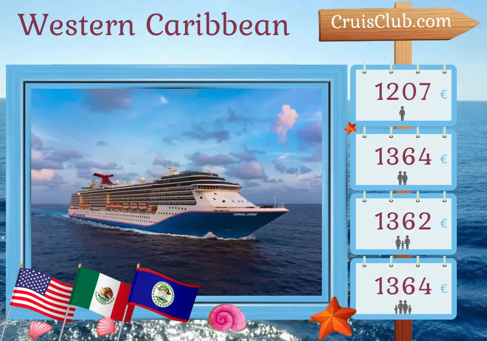 Cruise in the Western Caribbean from Tampa aboard Carnival Legend ship with visits to USA, Mexico, Belize, and Honduras for 8 days