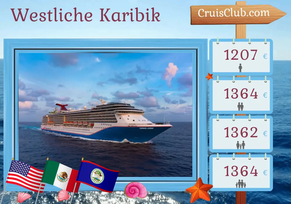 Kreuzfahrt in der westlichen Karibik ab Tampa an Bord des Schiffs Carnival Legend mit Besuchen in den USA, Mexiko, Belize und Honduras für 8 Tage