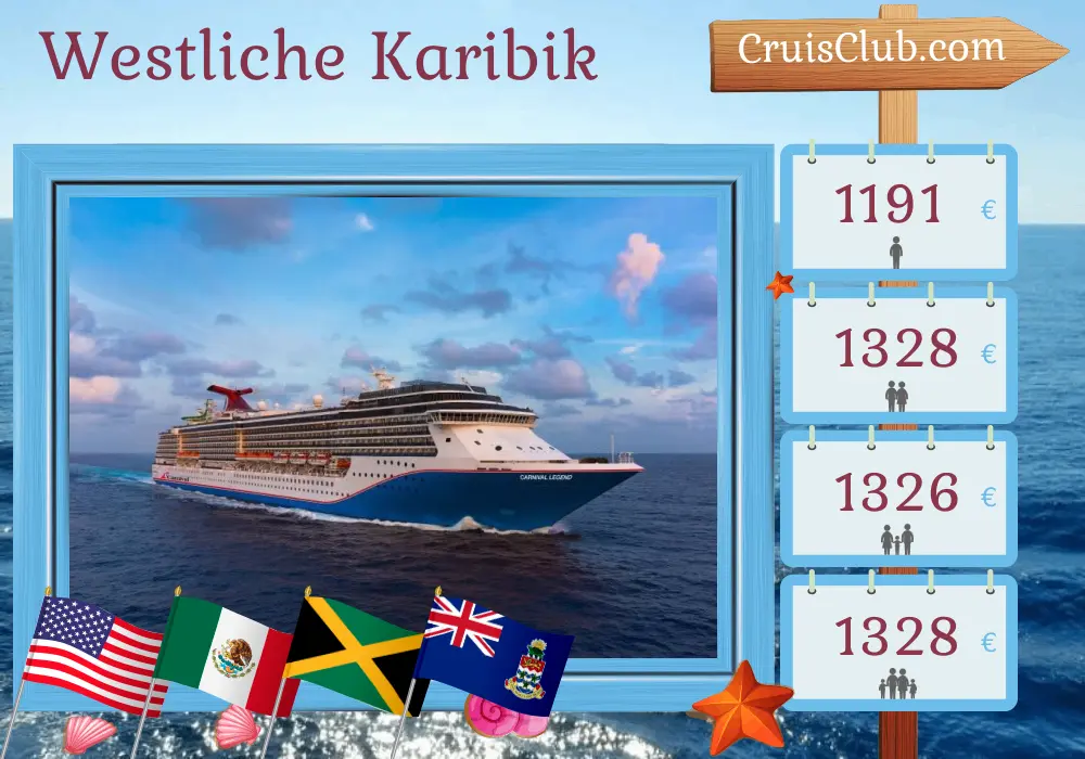 Kreuzfahrt in der westlichen Karibik ab Tampa an Bord des Kreuzfahrtschiffs Carnival Legend mit Besuchen in den USA, Mexiko, Jamaika und den Cayman Islands für 8 Tage