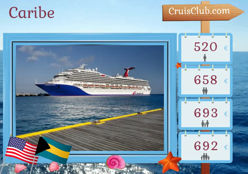 Cruzeiro no Caribe a partir de Port Canaveral / Orlando a bordo do navio Carnival Glory com visitas aos EUA e Bahamas por 5 dias